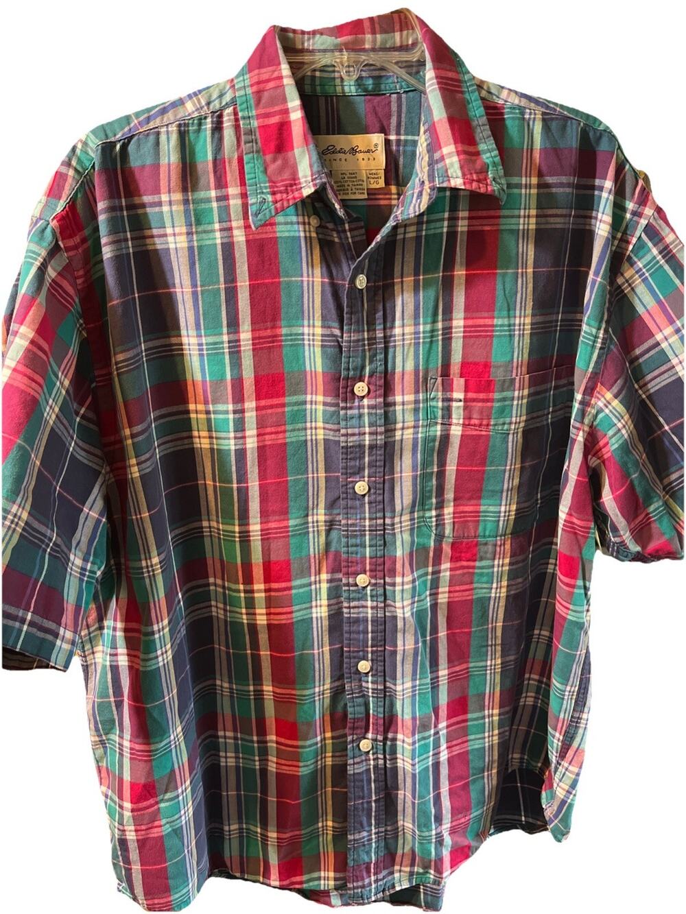 Vintage Eddie Bauer Mens L Multicolor Plaid Short Sleeve Button Up Cotton Shirt